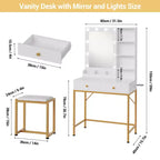 Meuble de coiffeuse COZONY avec miroir, 3 modes d'éclairage, 2 tiroirs, station de recharge et tabouret pour chambre/dressing