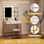 Meuble de coiffeuse COZONY avec miroir, 3 modes d'éclairage, 2 tiroirs, station de recharge et tabouret pour chambre/dressing