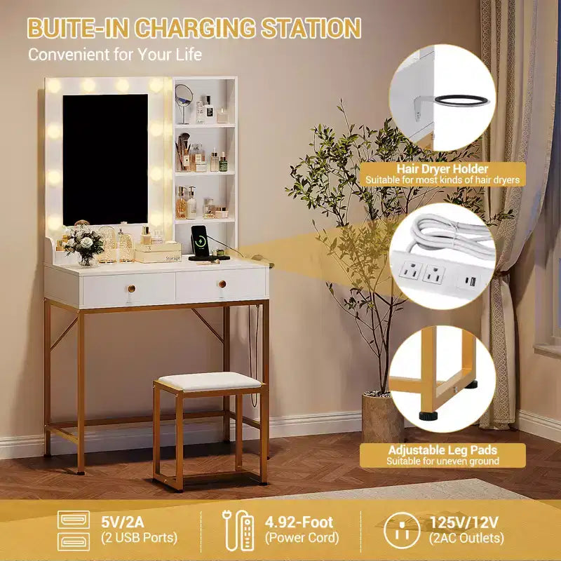 Meuble de coiffeuse COZONY avec miroir, 3 modes d'éclairage, 2 tiroirs, station de recharge et tabouret pour chambre/dressing
