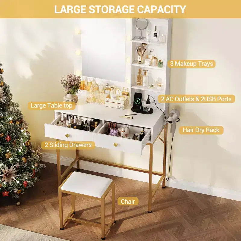 Meuble de coiffeuse COZONY avec miroir, 3 modes d'éclairage, 2 tiroirs, station de recharge et tabouret pour chambre/dressing