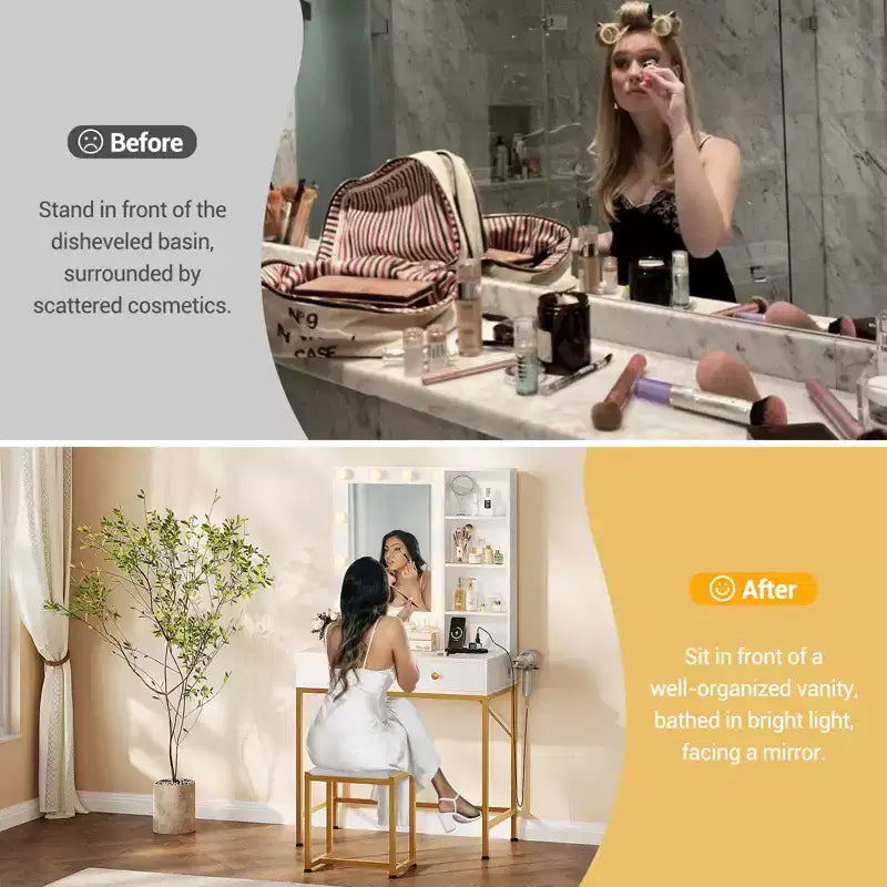 Meuble de coiffeuse COZONY avec miroir, 3 modes d'éclairage, 2 tiroirs, station de recharge et tabouret pour chambre/dressing