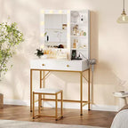 Meuble de coiffeuse COZONY avec miroir, 3 modes d'éclairage, 2 tiroirs, station de recharge et tabouret pour chambre/dressing