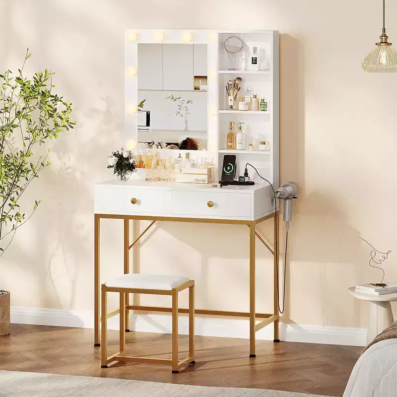 Meuble de coiffeuse COZONY avec miroir, 3 modes d'éclairage, 2 tiroirs, station de recharge et tabouret pour chambre/dressing