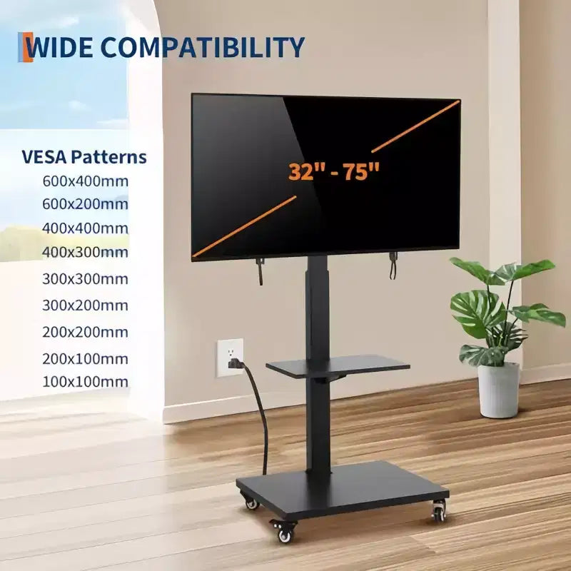 Chariot TV mobile GustoWave – Meuble roulant réglable en hauteur avec roulettes verrouillables pour téléviseurs de 32 à 75 pouces, base pivotante/inclinable et étagère ouverte