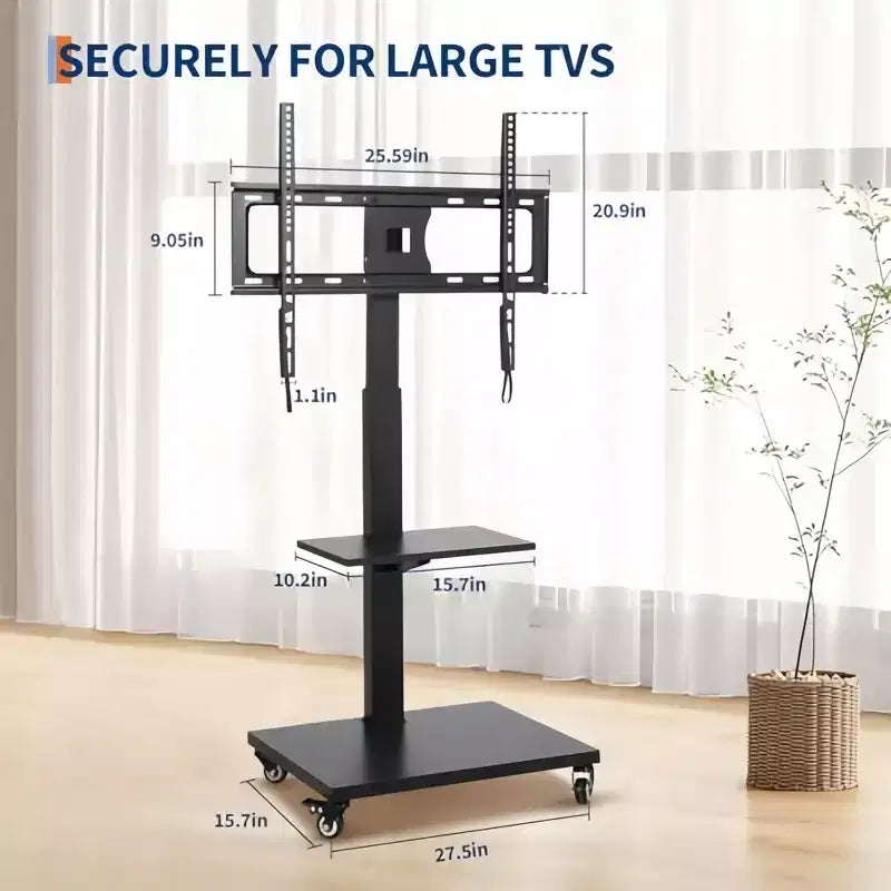 Chariot TV mobile GustoWave – Meuble roulant réglable en hauteur avec roulettes verrouillables pour téléviseurs de 32 à 75 pouces, base pivotante/inclinable et étagère ouverte