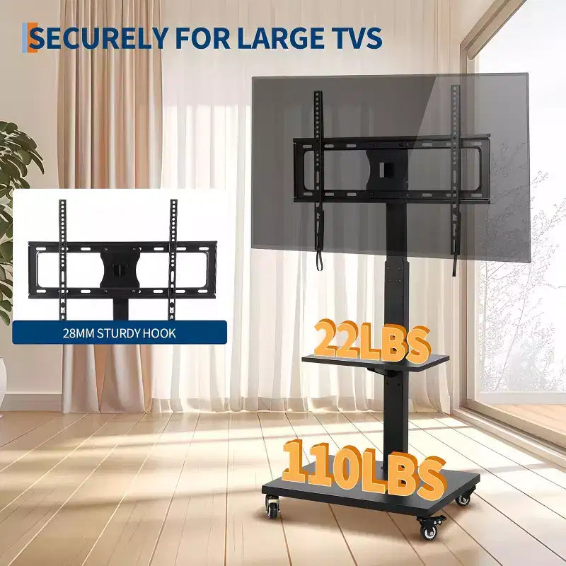 Chariot TV mobile GustoWave – Meuble roulant réglable en hauteur avec roulettes verrouillables pour téléviseurs de 32 à 75 pouces, base pivotante/inclinable et étagère ouverte