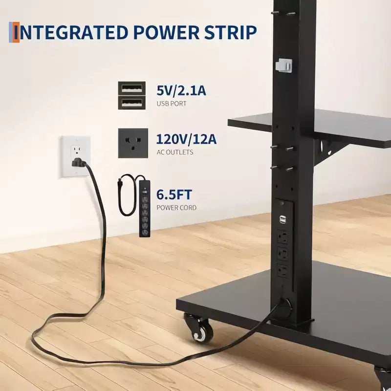 Chariot TV mobile GustoWave – Meuble roulant réglable en hauteur avec roulettes verrouillables pour téléviseurs de 32 à 75 pouces, base pivotante/inclinable et étagère ouverte