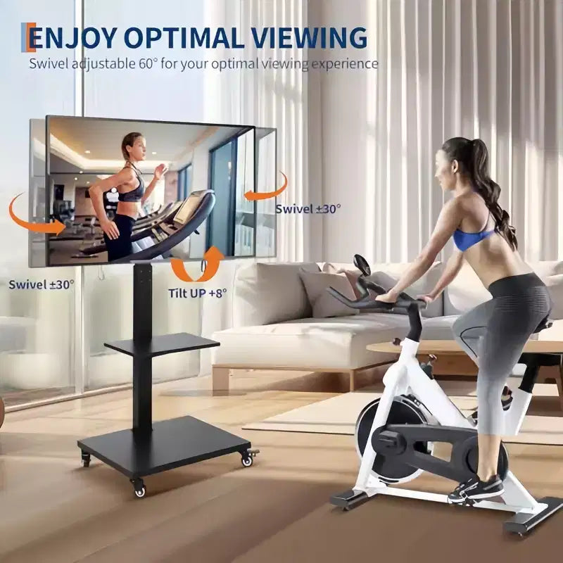 Chariot TV mobile GustoWave – Meuble roulant réglable en hauteur avec roulettes verrouillables pour téléviseurs de 32 à 75 pouces, base pivotante/inclinable et étagère ouverte