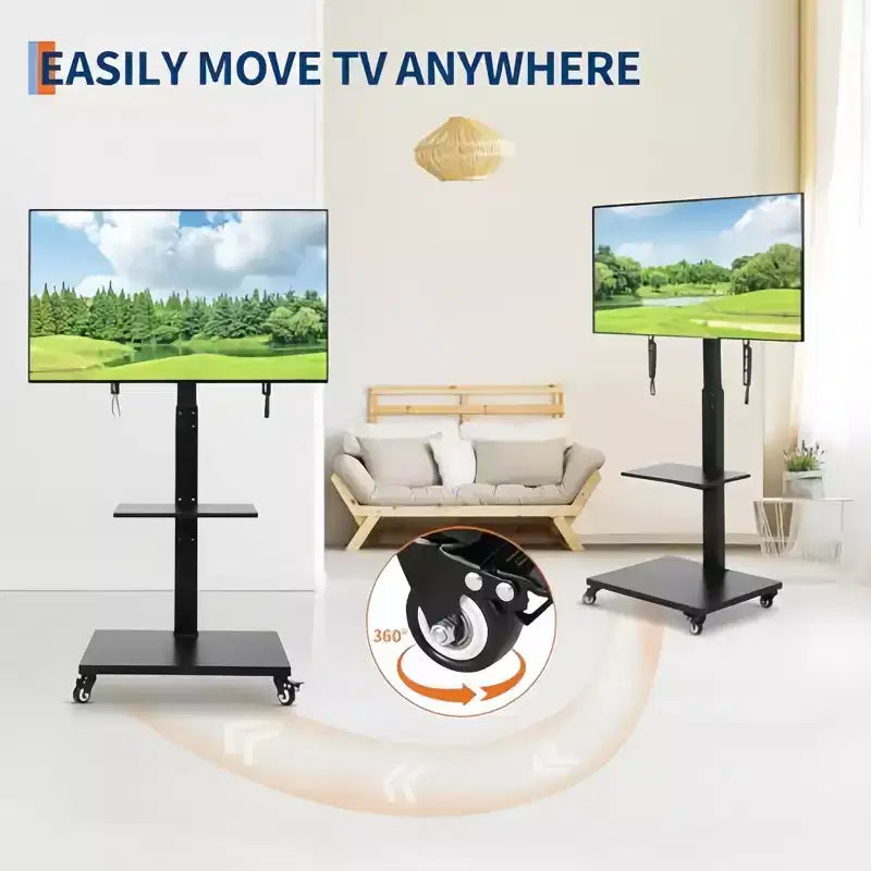 Chariot TV mobile GustoWave – Meuble roulant réglable en hauteur avec roulettes verrouillables pour téléviseurs de 32 à 75 pouces, base pivotante/inclinable et étagère ouverte