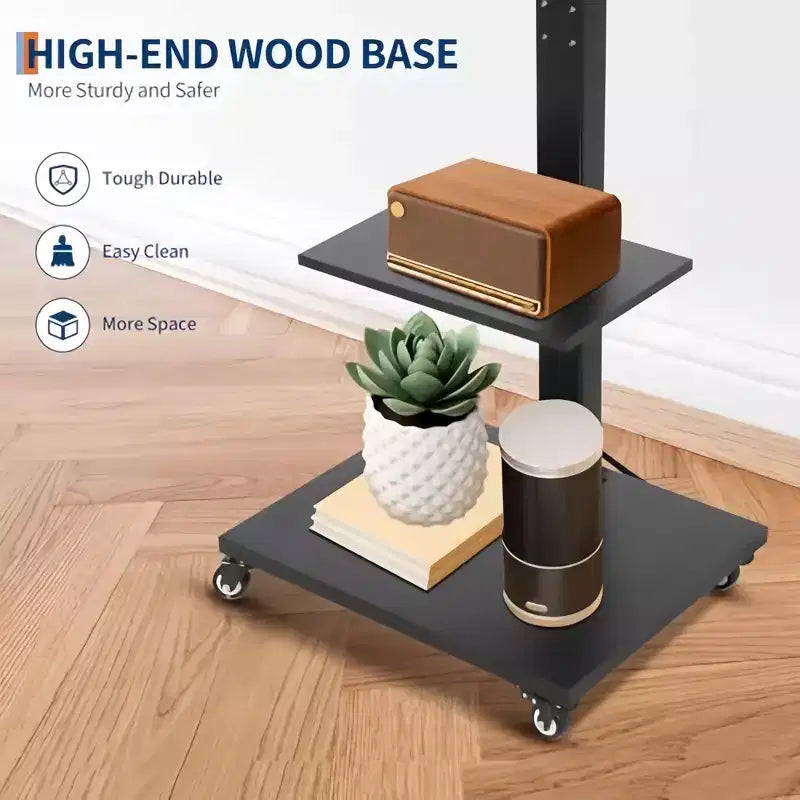 Chariot TV mobile GustoWave – Meuble roulant réglable en hauteur avec roulettes verrouillables pour téléviseurs de 32 à 75 pouces, base pivotante/inclinable et étagère ouverte