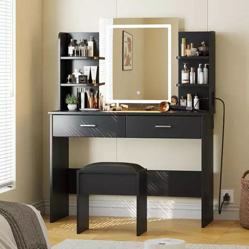 Acekool Vanity Desk with Lighted Mirror, Stool, Power Outlet, 6 Shelves, 2 Large Drawers, 3-Color Adjustable LED, Makeup Vanity for Bedroom, Black