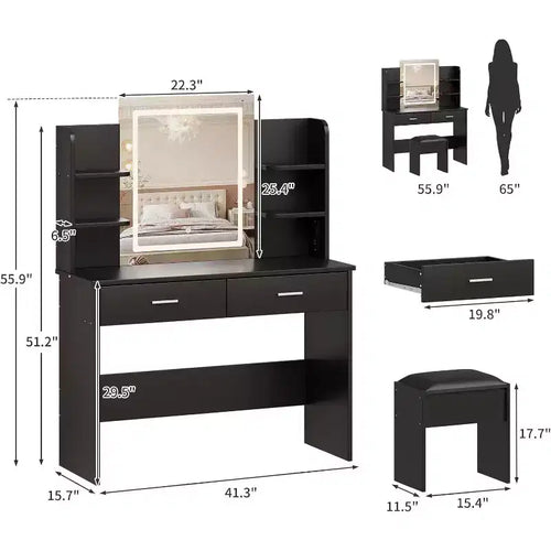 Acekool Coiffeuse avec Miroir Éclairé, Tabouret, Prise de Courant, 6 Étagères, 2 Grands Tiroirs, LED Réglable 3 Couleurs, Coiffeuse de Maquillage pour Chambre, Noir