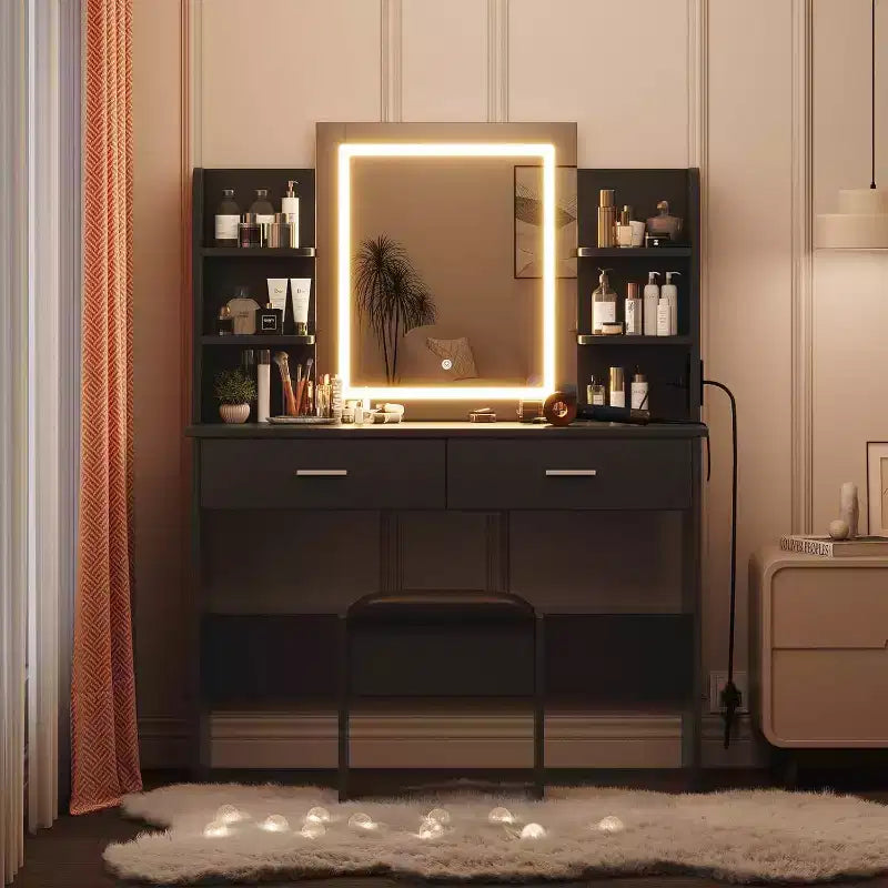 Acekool Coiffeuse avec Miroir Éclairé, Tabouret, Prise de Courant, 6 Étagères, 2 Grands Tiroirs, LED Réglable 3 Couleurs, Coiffeuse de Maquillage pour Chambre, Noir