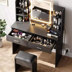 Acekool Coiffeuse avec Miroir Éclairé, Tabouret, Prise de Courant, 6 Étagères, 2 Grands Tiroirs, LED Réglable 3 Couleurs, Coiffeuse de Maquillage pour Chambre, Noir