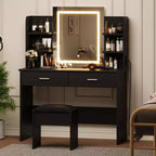 Acekool Coiffeuse avec Miroir Éclairé, Tabouret, Prise de Courant, 6 Étagères, 2 Grands Tiroirs, LED Réglable 3 Couleurs, Coiffeuse de Maquillage pour Chambre, Noir