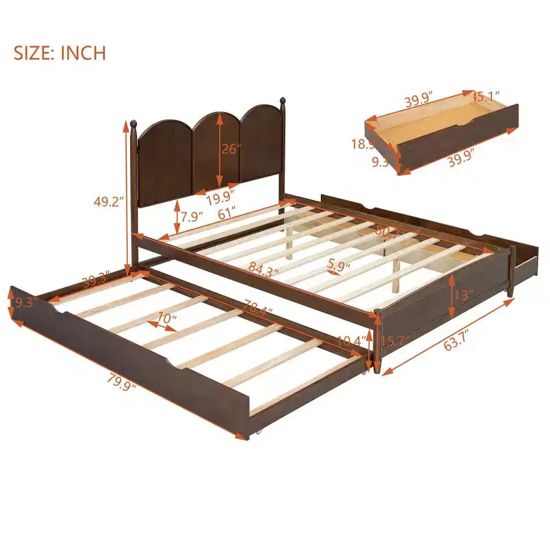 Lit queen size avec rangement et lit gigogne double XL, Lit plateforme queen size en bois avec 2 tiroirs de rangement