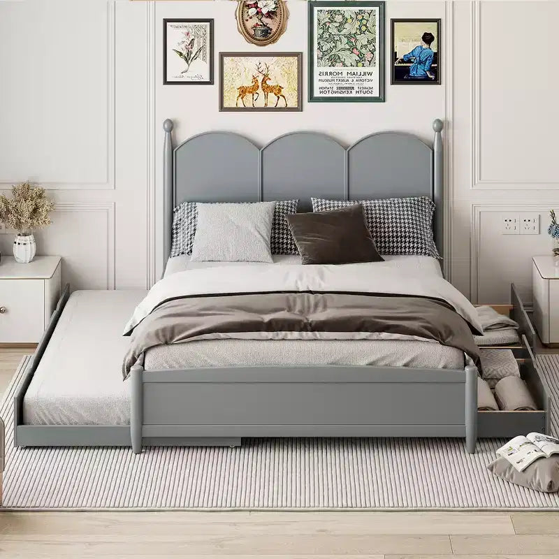 Lit queen size avec rangement et lit gigogne double XL, Lit plateforme queen size en bois avec 2 tiroirs de rangement