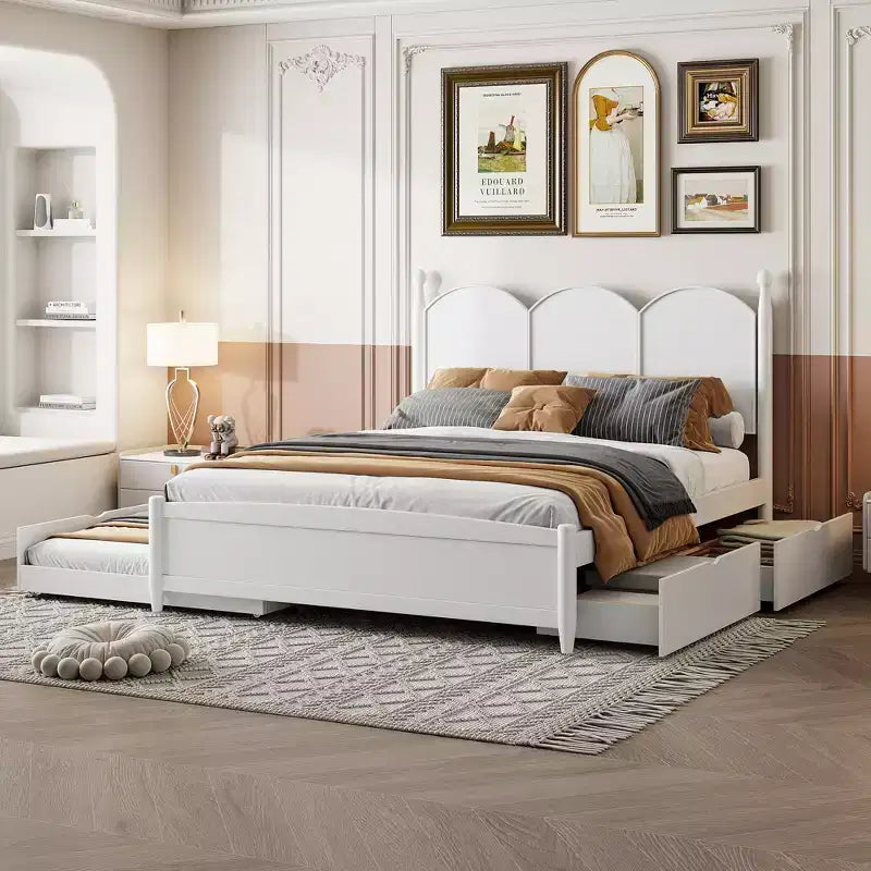 Lit queen size avec rangement et lit gigogne double XL, Lit plateforme queen size en bois avec 2 tiroirs de rangement