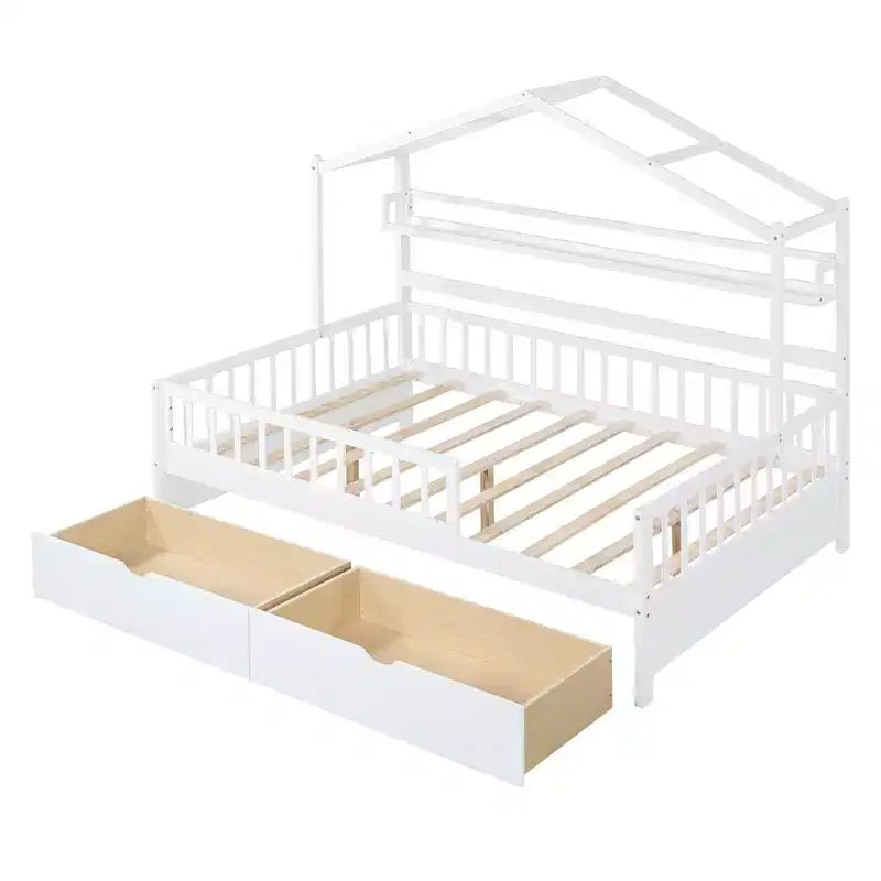 Lit cabane pleine grandeur avec tiroirs et étagères de rangement, lit plateforme pour enfants avec clôture de sécurité, cadre de lit cabane en bois pour filles et garçons, blanc