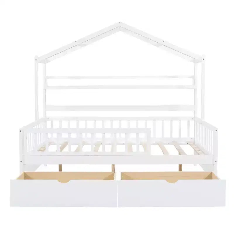 Lit cabane pleine grandeur avec tiroirs et étagères de rangement, lit plateforme pour enfants avec clôture de sécurité, cadre de lit cabane en bois pour filles et garçons, blanc