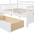 Lit cabane pleine grandeur avec tiroirs et étagères de rangement, lit plateforme pour enfants avec clôture de sécurité, cadre de lit cabane en bois pour filles et garçons, blanc