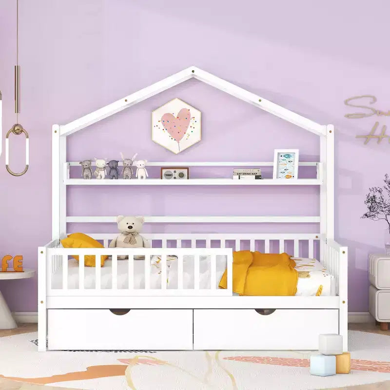 Lit cabane pleine grandeur avec tiroirs et étagères de rangement, lit plateforme pour enfants avec clôture de sécurité, cadre de lit cabane en bois pour filles et garçons, blanc
