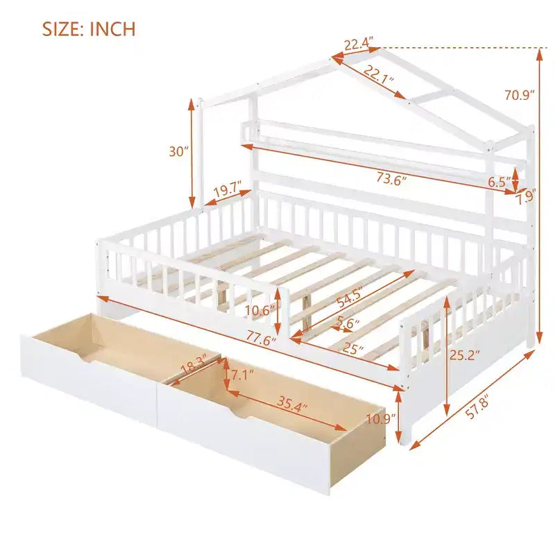 Lit cabane pleine grandeur avec tiroirs et étagères de rangement, lit plateforme pour enfants avec clôture de sécurité, cadre de lit cabane en bois pour filles et garçons, blanc