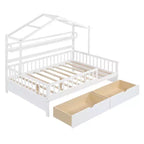 Lit cabane pleine grandeur avec tiroirs et étagères de rangement, lit plateforme pour enfants avec clôture de sécurité, cadre de lit cabane en bois pour filles et garçons, blanc