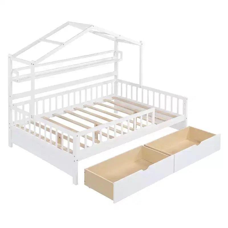 Lit cabane pleine grandeur avec tiroirs et étagères de rangement, lit plateforme pour enfants avec clôture de sécurité, cadre de lit cabane en bois pour filles et garçons, blanc