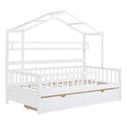 Lit cabane pleine grandeur avec tiroirs et étagères de rangement, lit plateforme pour enfants avec clôture de sécurité, cadre de lit cabane en bois pour filles et garçons, blanc