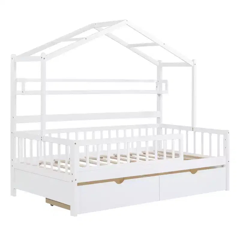 Lit cabane pleine grandeur avec tiroirs et étagères de rangement, lit plateforme pour enfants avec clôture de sécurité, cadre de lit cabane en bois pour filles et garçons, blanc