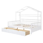 Lit cabane pleine grandeur avec tiroirs et étagères de rangement, lit plateforme pour enfants avec clôture de sécurité, cadre de lit cabane en bois pour filles et garçons, blanc