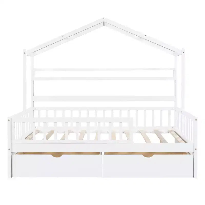 Lit cabane pleine grandeur avec tiroirs et étagères de rangement, lit plateforme pour enfants avec clôture de sécurité, cadre de lit cabane en bois pour filles et garçons, blanc