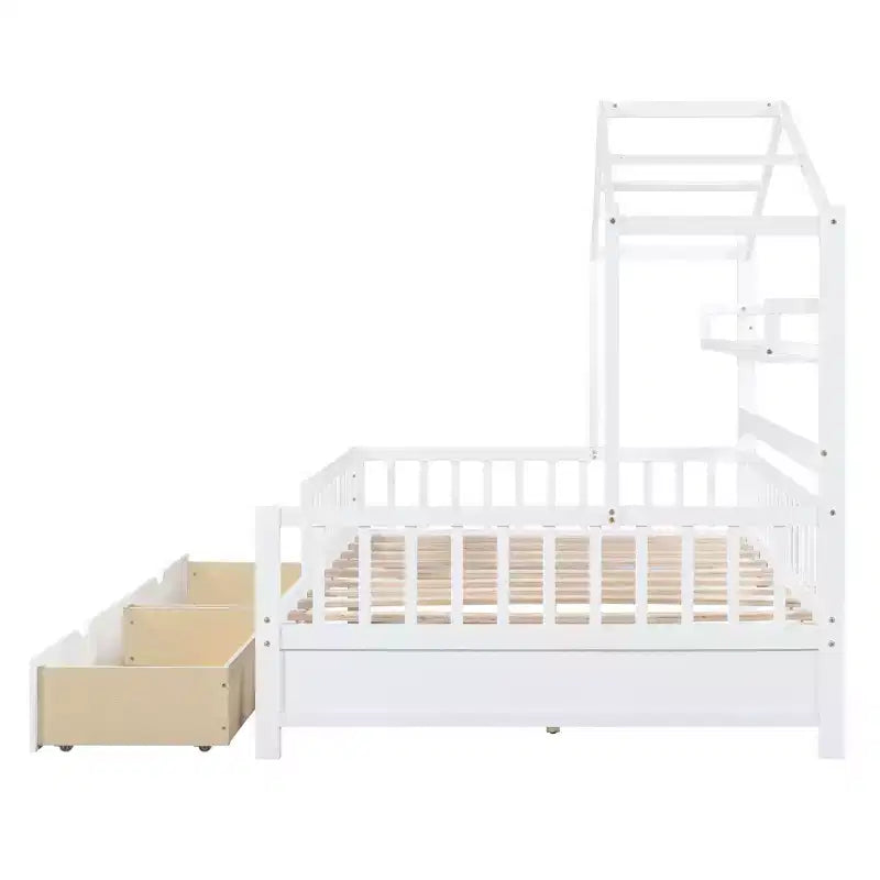 Lit cabane pleine grandeur avec tiroirs et étagères de rangement, lit plateforme pour enfants avec clôture de sécurité, cadre de lit cabane en bois pour filles et garçons, blanc