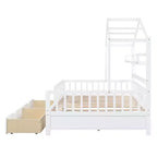 Lit cabane pleine grandeur avec tiroirs et étagères de rangement, lit plateforme pour enfants avec clôture de sécurité, cadre de lit cabane en bois pour filles et garçons, blanc