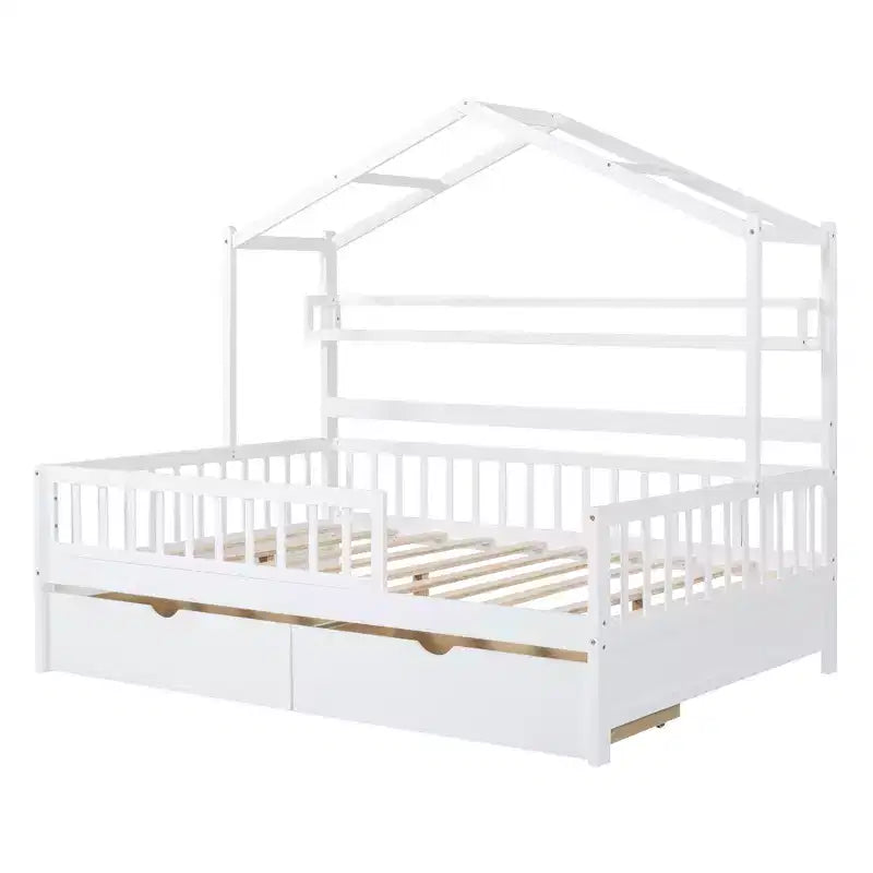Lit cabane pleine grandeur avec tiroirs et étagères de rangement, lit plateforme pour enfants avec clôture de sécurité, cadre de lit cabane en bois pour filles et garçons, blanc