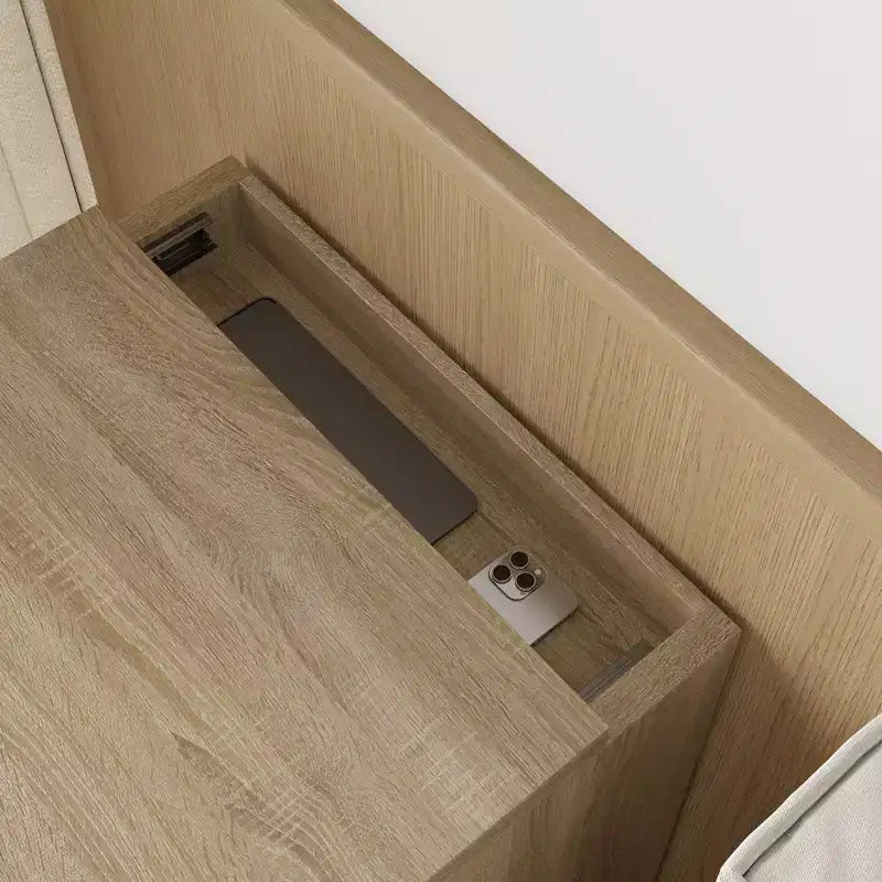 Table de chevet Famapy en chêne clair avec tiroir caché, abattant supérieur - Porte avec serrure NFC et tiroir inférieur à ouverture par pression, table d'appoint pour chambre et salon