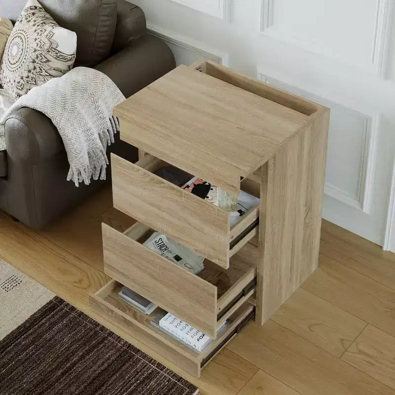 Table de chevet Famapy en chêne clair avec tiroir caché, abattant supérieur - Porte avec serrure NFC et tiroir inférieur à ouverture par pression, table d'appoint pour chambre et salon
