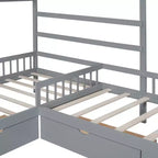 Lit superposé d'angle en L pour 2 enfants, lit plateforme double en forme de maison avec 3 tiroirs de rangement, lits superposés doubles en bois avec clôture et toit