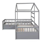 Lit superposé d'angle en L pour 2 enfants, lit plateforme double en forme de maison avec 3 tiroirs de rangement, lits superposés doubles en bois avec clôture et toit