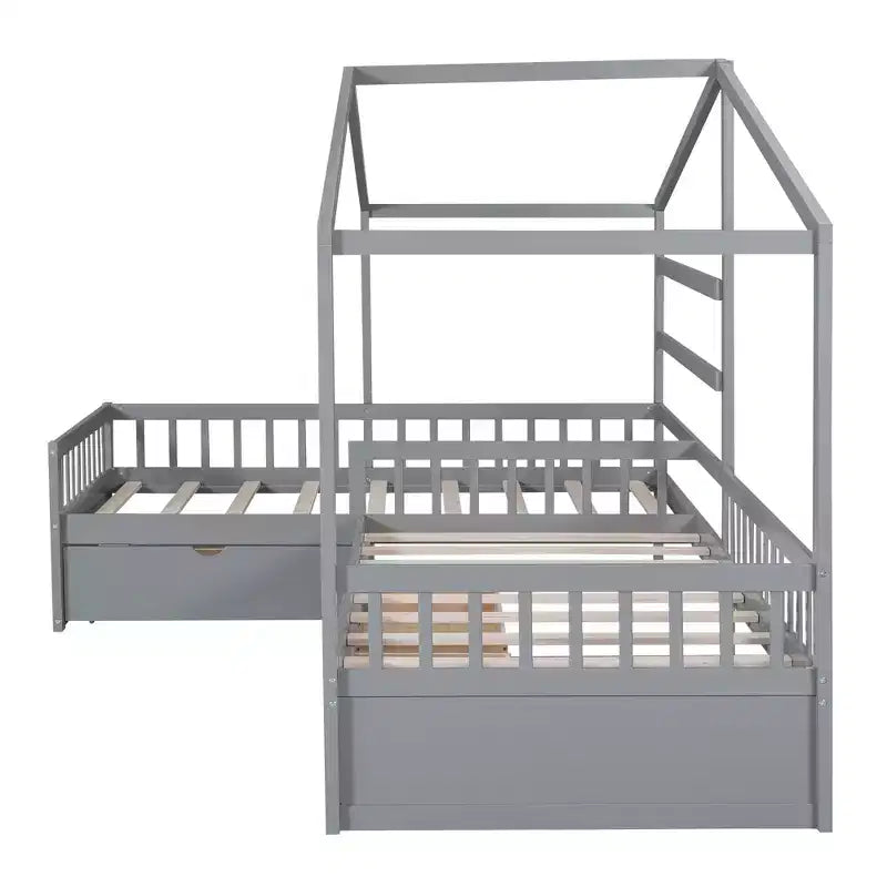 Lit superposé d'angle en L pour 2 enfants, lit plateforme double en forme de maison avec 3 tiroirs de rangement, lits superposés doubles en bois avec clôture et toit