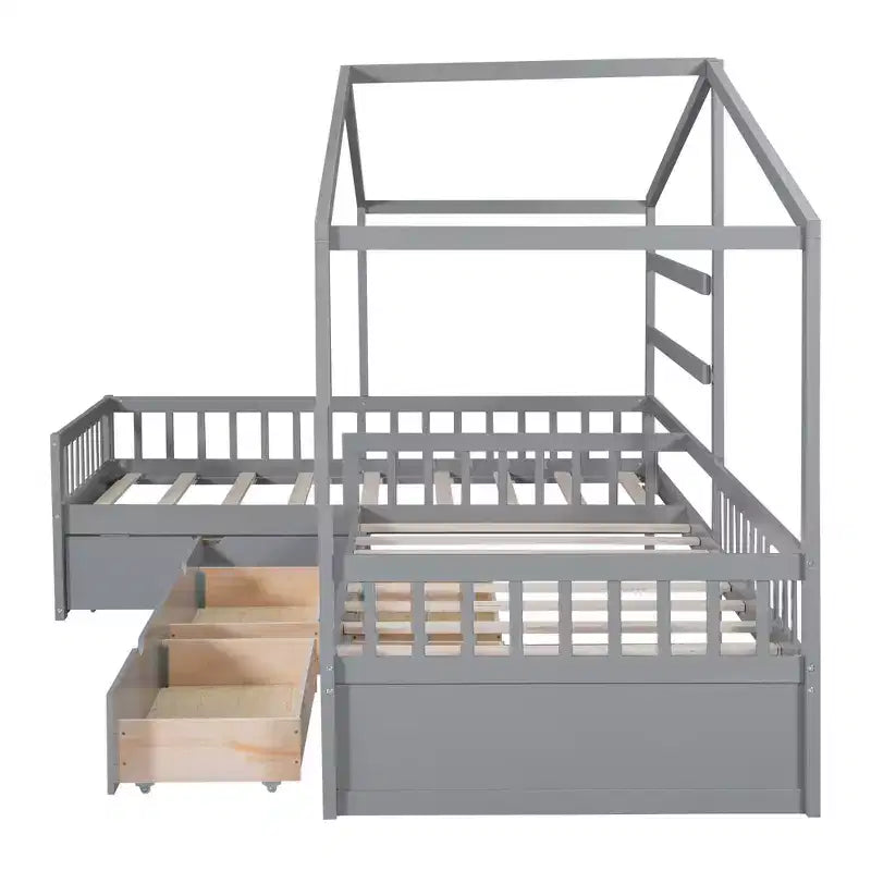 Lit superposé d'angle en L pour 2 enfants, lit plateforme double en forme de maison avec 3 tiroirs de rangement, lits superposés doubles en bois avec clôture et toit