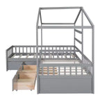 Lit superposé d'angle en L pour 2 enfants, lit plateforme double en forme de maison avec 3 tiroirs de rangement, lits superposés doubles en bois avec clôture et toit