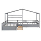 Lit superposé d'angle en L pour 2 enfants, lit plateforme double en forme de maison avec 3 tiroirs de rangement, lits superposés doubles en bois avec clôture et toit