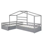 Lit superposé d'angle en L pour 2 enfants, lit plateforme double en forme de maison avec 3 tiroirs de rangement, lits superposés doubles en bois avec clôture et toit