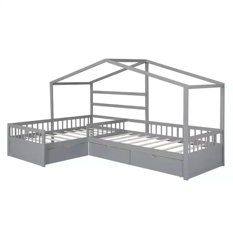 Lit superposé d'angle en L pour 2 enfants, lit plateforme double en forme de maison avec 3 tiroirs de rangement, lits superposés doubles en bois avec clôture et toit