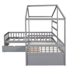 Lit superposé d'angle en L pour 2 enfants, lit plateforme double en forme de maison avec 3 tiroirs de rangement, lits superposés doubles en bois avec clôture et toit