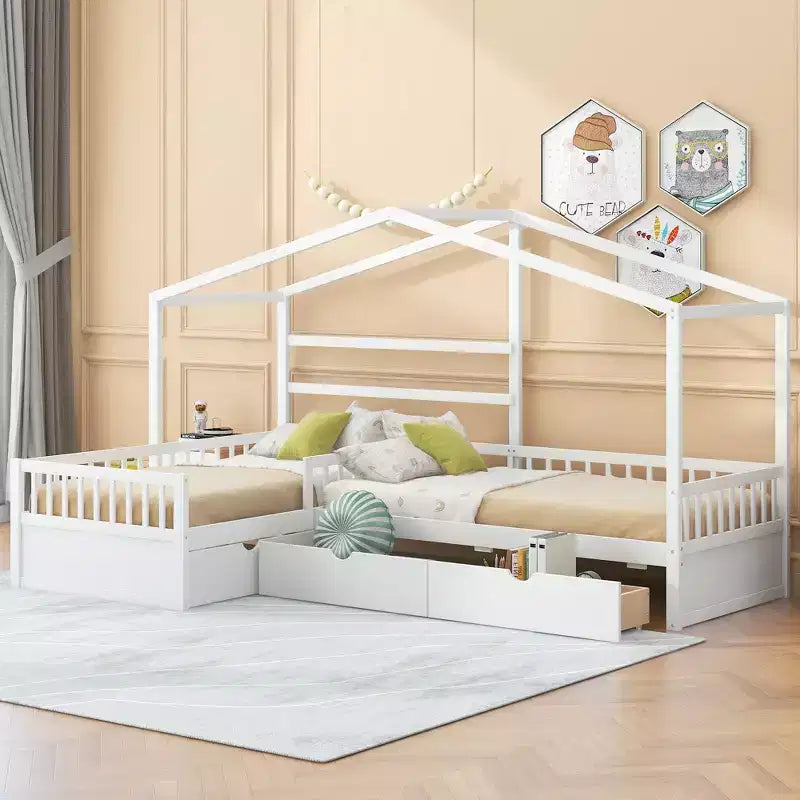 Lit superposé d'angle en L pour 2 enfants, lit plateforme double en forme de maison avec 3 tiroirs de rangement, lits superposés doubles en bois avec clôture et toit