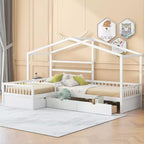 Lit superposé d'angle en L pour 2 enfants, lit plateforme double en forme de maison avec 3 tiroirs de rangement, lits superposés doubles en bois avec clôture et toit