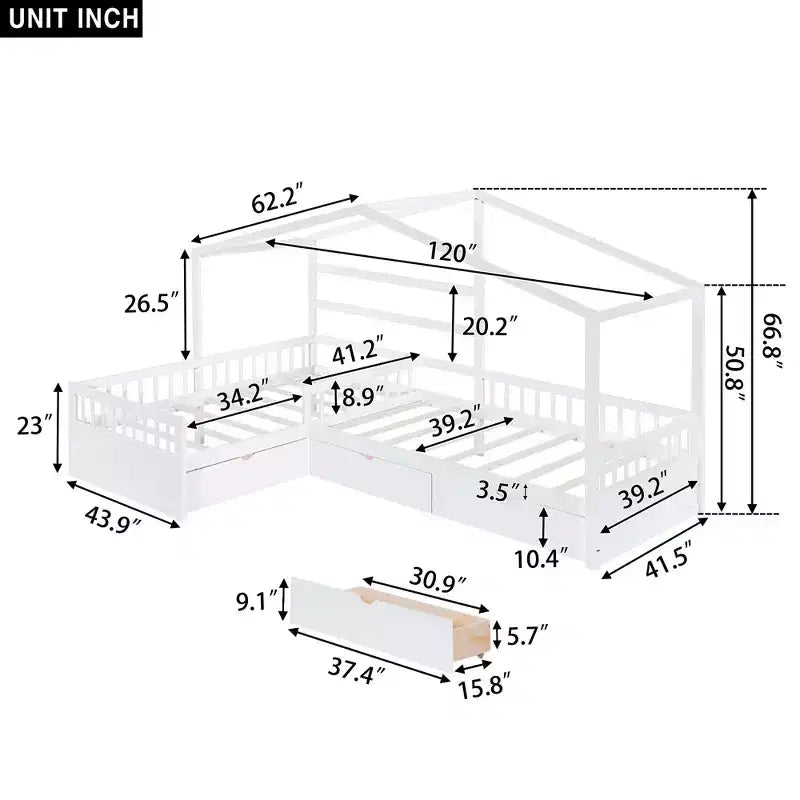 Lit superposé d'angle en L pour 2 enfants, lit plateforme double en forme de maison avec 3 tiroirs de rangement, lits superposés doubles en bois avec clôture et toit